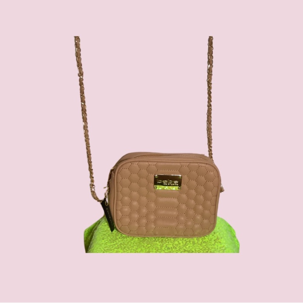 Chic Tan Bebe Quilted Crossbody Bag
